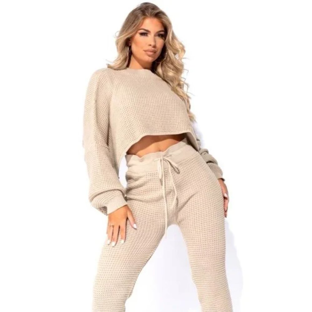 Beige Knitted Long Sleeve Sweater Crop Top and High Waist Pants Two Piece Set - Picture 4 of 17